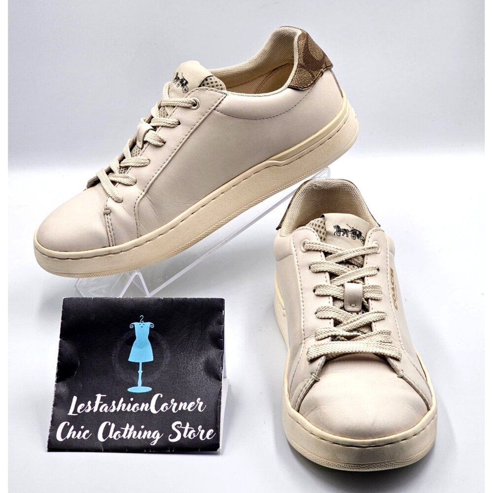 Coach Women's Beige Brown Logo Leather Clip  Low-Top Sneakers Size 7.5B 2390